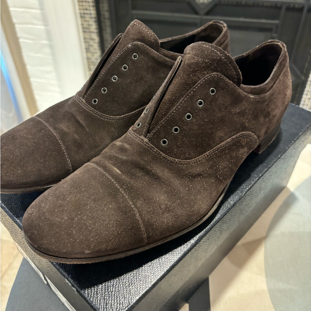 Prada brown suede lace less oxfords with box and bags